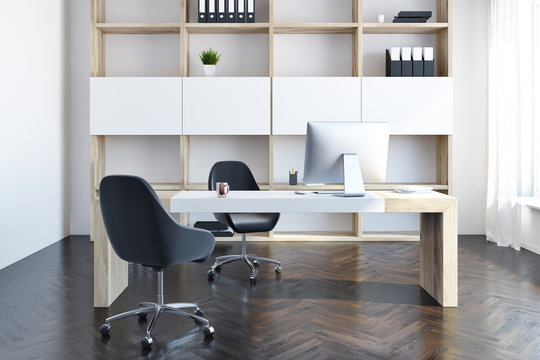 Company manager office interior, wooden bookcase