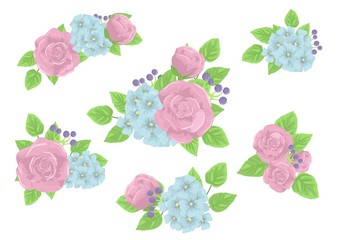 Flowers bouquet with pink roses and blue hydrangea