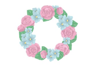 Flowers wreath with pink  rose and blue hydrangea