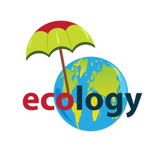 Planet Earth with continents under the protection of a colorful umbrella.Isolated.Text ecology.Design element, banner, logo