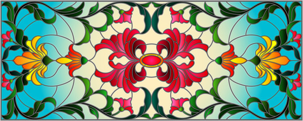 llustration in stained glass style with abstract  swirls,flowers and leaves  on a light background,horizontal orientation