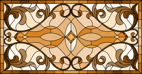 Fototapeta na wymiar Illustration in stained glass style with abstract swirls and leaves on a light background,horizontal orientation, sepia