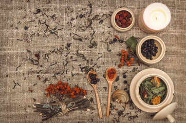 Herbal medicine concept. Alternative medicine. Dry wild rowan berry and apple berry, shelf fungus and other curative herbs essential oil on burlap sackcloth background with copy space.