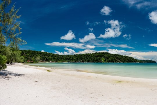 Tropical landscape with beautiful beach, turquoise clean water and blue sky. Saracen Bay, Koh Rong Samloem. Cambodia, Asia.