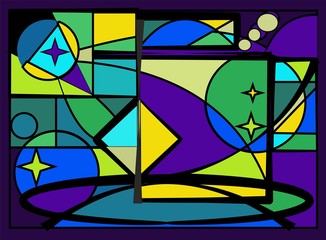 abstract colorful background , blue light, fancy  geometrics shapes,stained glass window
