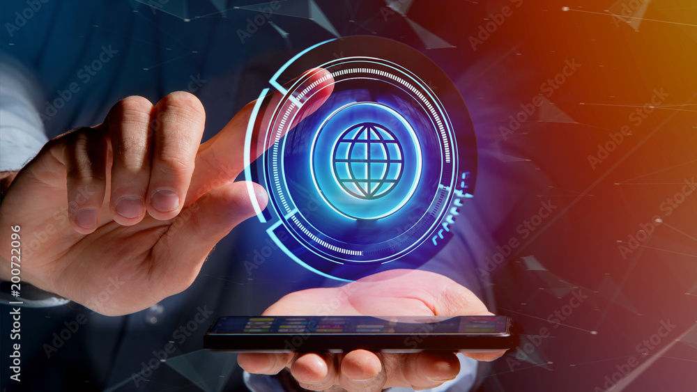 Poster businessman using a smartphone with a shinny technologic globe button - 3d render