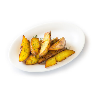 French fries fried in the country on a white plate. Isolated