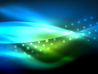 Obraz premium Neon wave background with light effects, curvy lines with glittering and shiny dots, glowing colors in darkness, magic energy