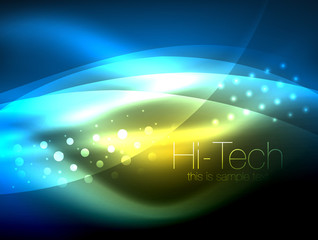 Neon wave background with light effects, curvy lines with glittering and shiny dots, glowing colors in darkness, magic energy