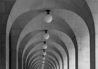 Colonnade of Manchester Town Hall Extension in Manchester City Centre. This is the offices of Manchester City Council. The building is Grade 2* listed. It was designed by Vincent Harris