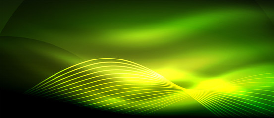 Glowing abstract wave on dark, shiny motion, magic space light. Techno abstract background