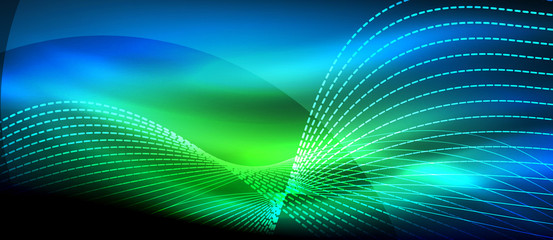 Fototapeta premium Glowing abstract wave on dark, shiny motion, magic space light. Techno abstract background