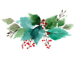 Watercolor bouquet. Holly berry leaves.