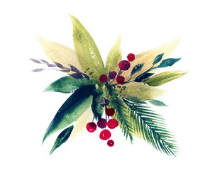 Holly berry leaves. Christmas decoration hand painted.
