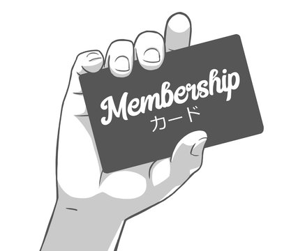 Black and white illustration of female hand holding membership card, card written in japanese