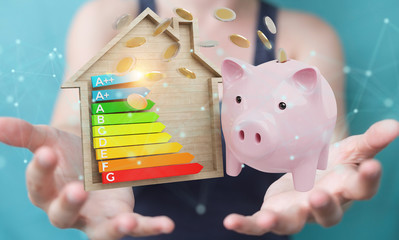Businesswoman saving money with good energy chart rating 3D rendering