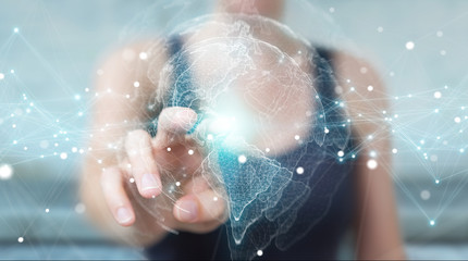 Businesswoman using USA world map interface 3D rendering