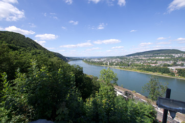 Rhein in seinem Flussbett an einem Sommertag mit blauem Himmel