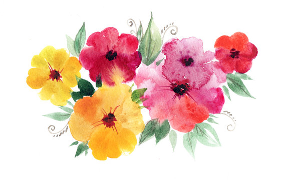 Flowers watercolor illustration in pink and yellow colors. Elegant hand-painted composition.