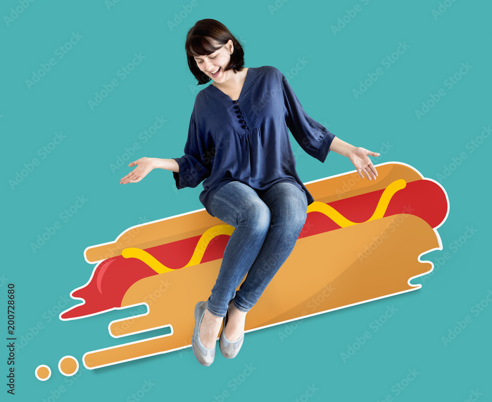 Poster Woman sitting on an illustrated hot dog