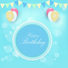 Round retro frame and balloons Greeting card, Happy Birthday card, Invitation blue background