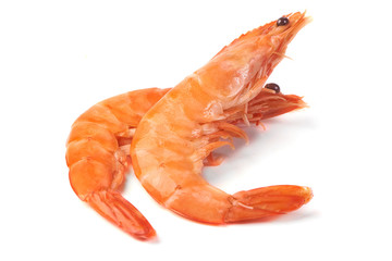 Delicious tiger shrimps, isolated on white background. Seafood.