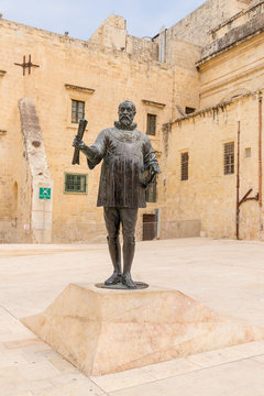 Valletta, Malta. Monument to the Master of the Order of the Joannites Jean Parisot de la Vallette on the Square of the same name