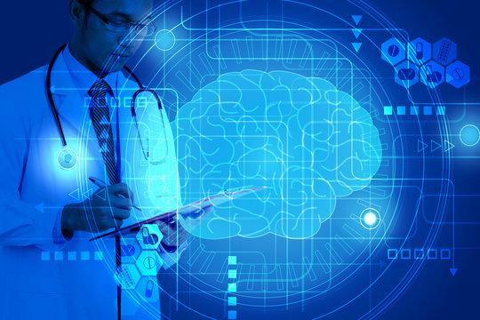 Illustration of doctor wearing doctor coat, holding clipchart on brain graphic  background.