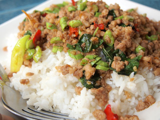 Close up Rice topped with stir fried pork and basil