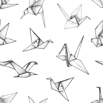 Origami - seamless pattern with gray paper birds