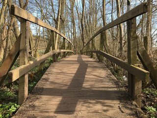 Holzbrücke in einem Moor auf einem Wanderweg