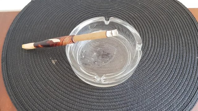 Smoldering cigarillo with a wooden mouthpiece in an ashtray with ash
