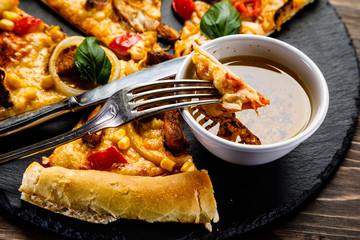Pizza with chicken and vegetables on white background