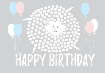 Sheep in dots with the balloons, Happy Birthday card in white, pink, blue and black colors palette vector illustration card template on a soft gray background