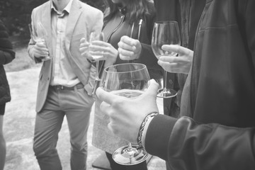 background picture of people drinking wine, black and white group of friends is socializing outdoor
