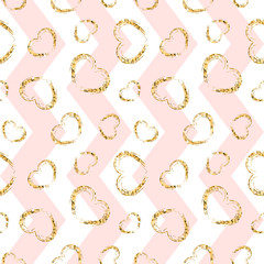 Gold heart seamless pattern. Pink-white geometric zig zag, golden grunge confetti-hearts. Symbol of love, Valentine day holiday. Design wallpaper, background, fabric texture. Vector illustration