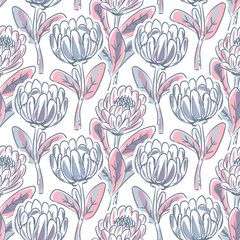 Hand drawn protea flower seamless vector pattern. Artistic floral nature background.
