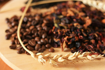 Coffee beans and herbal tea