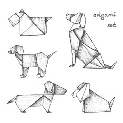 Origami - set of 5 gray paper dogs