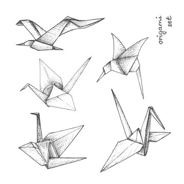 Origami - set of 5 gray paper birds