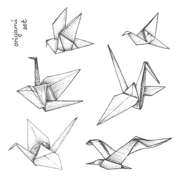 Origami - set of 6 gray paper birds