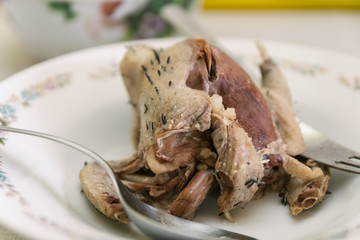 Roast pigeon on a plate ready for dinning