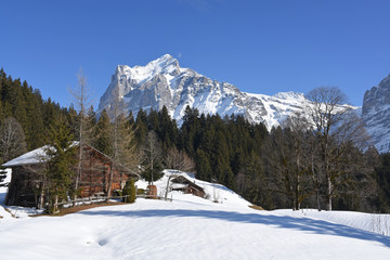 Alpine hut in Grindelwald, Switzerland, and Wetterhorn in the background