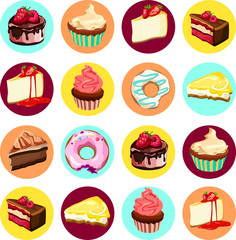 Round colorful icons with delicious cakes.