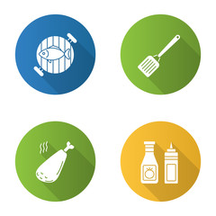 Barbecue flat design long shadow glyph icons set