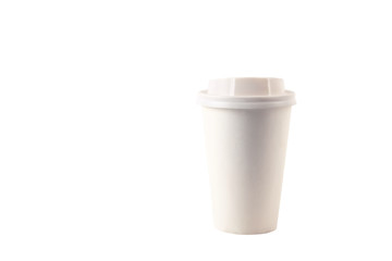 Blank white tall disposable safe heat resistant double walled paper take out cup of coffee to go. Colorful eco-friendly cardboard mug for hot beverages on isolated background, close up, copy space.