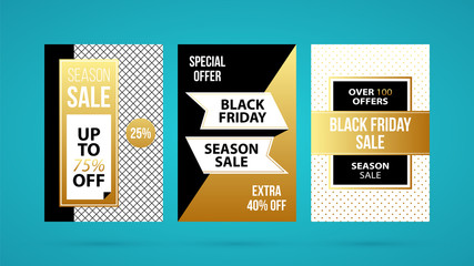 Three vertical Black Friday banners/posters in golden style on turquoise background
