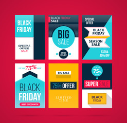 Fototapeta na wymiar Set of six Black Friday banners/posters in modern flat style on vibrant red background