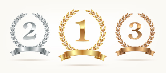 Set of rank emblems - gold, silver, bronze. First place, second place and third place signs with laurel wreath and ribbon. Vector illustration - obrazy, fototapety, plakaty