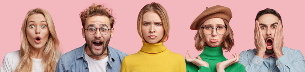 Horizontal portrait of different people express negative emotions: shocked blonde blue eyed woman,...